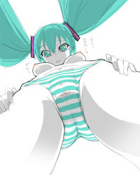Rule 34 | 00s, 1girl, aqua eyes, aqua hair, bad id, bad pixiv id, breasts, cameltoe, cleft of venus, female focus, from below, hatsune miku, kanzaki muyu, long hair, looking at viewer, looking down, medium breasts, navel, nipples, pale skin, panties, perspective, price tag, simple background, sketch, solo, standing, striped clothes, striped panties, tears, text focus, topless, twintails, underwear, vocaloid, white background, yufu