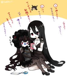 Rule 34 | 10s, 3girls, abyssal ship, bare shoulders, battleship princess, black dress, black hair, breasts, colored skin, commentary request, dress, frills, gothic lolita, headgear, horns, isolated island oni, kantai collection, kobone, lolita fashion, long hair, multiple girls, nagato (kancolle), open mouth, pale skin, pantyhose, red eyes, ribbon, simple background, skin-covered horns, translation request, very long hair, white skin