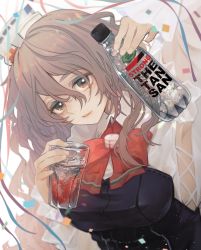 Rule 34 | 1girl, alcohol, bow, bowtie, breasts, brown eyes, commentary request, confetti, corset, drink, glass, grey hair, hair between eyes, hat, highres, kantai collection, long hair, long sleeves, looking at viewer, mini hat, pola (kancolle), red bow, red bowtie, ruohire9, shirt, solo, the tansan, thick eyebrows, tilted headwear, wavy hair, white shirt