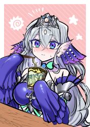 Rule 34 | 1girl, absurdres, blue eyes, blush, breasts, chopsticks, crossed bangs, cup ramen, detached sleeves, duel monster, grey hair, highres, holding, holding chopsticks, instant fusion, long hair, medium breasts, sleeves past wrists, solo, sweat, synchroman, table, tearlaments kitkallos, tiara, yu-gi-oh!