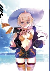 Rule 34 | 1girl, ahoge, beach, bikini, blonde hair, blue eyes, blue sky, breasts, choco (chocolate shop), cloud, copyright request, day, hat, jacket, long hair, looking at viewer, medium breasts, open clothes, open jacket, open mouth, orange bikini, orange thighhighs, original, outdoors, ponytail, sky, smile, solo, striped clothes, striped thighhighs, sun hat, sunlight, swimsuit, textless version, thighhighs, water