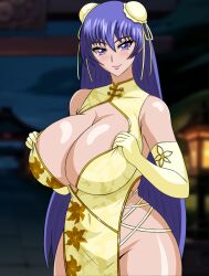 Rule 34 | 1girl, action taimanin, akiyama rinko, alternate costume, breasts, china dress, chinese clothes, cleavage cutout, clothing cutout, curvy, double bun, dress, hair bun, huge breasts, lips, long hair, looking at viewer, official alternate costume, revealing clothes, shiny skin, smile, solo, taimanin (series), taimanin yukikaze, very long hair, yeezusdraw
