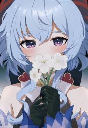 Rule 34 | 1girl, absurdres, bare shoulders, blue hair, blush, close-up, covering own mouth, detached sleeves, flower, ganyu (genshin impact), genshin impact, highres, holding, holding flower, horns, issei draw, long hair, looking at viewer, purple eyes, qingxin flower, sidelocks, solo, upper body, white flower