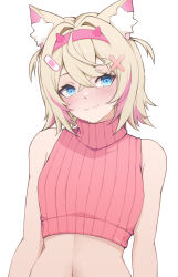 Rule 34 | 1girl, absurdres, animal ear fluff, animal ears, bandaid, bandaid hair ornament, bare shoulders, blonde hair, blue eyes, breasts, crossed bangs, dog ears, dog girl, double-parted bangs, fake horns, fang, hair between eyes, hair intakes, hair ornament, hairband, highres, hitozche, hololive, hololive english, horns, mococo abyssgard, multicolored hair, navel, pink hair, pink hairband, short hair, skin fang, small breasts, solo, streaked hair, two side up, upper body, virtual youtuber, white background, x hair ornament