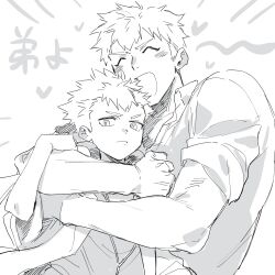 Rule 34 | 2boys, blush, brothers, closed mouth, coat, collared shirt, commentary request, duo (housamo), greyscale, hagiography, heart, highres, hug, looking down, male focus, monochrome, multiple boys, open mouth, shirt, short hair, siblings, simple background, sleeves rolled up, smile, togo shuichi, tokyo houkago summoners, translation request, upper body, v-shaped eyebrows, white background