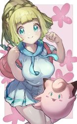 Rule 34 | 1girl, absurdres, backpack, bag, blonde hair, blunt bangs, blush, braid, breasts, clefairy, clenched hands, closed mouth, commentary request, creatures (company), eyelashes, game freak, gen 1 pokemon, green eyes, hands up, highres, lillie (pokemon), long hair, looking at viewer, nintendo, pink bag, pleated skirt, pokemon, pokemon (creature), pokemon sm, shiny skin, short sleeves, skirt, smile, tamukoro