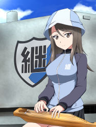 Rule 34 | 10s, 1girl, absurdres, blue hat, blush, breasts, brown eyes, brown hair, girls und panzer, hat, highres, instrument, jacket, kantele, kyoukyan, long hair, medium breasts, mika (girls und panzer), school uniform, smile, solo, track jacket, track jersey