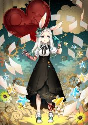 Rule 34 | 1girl, :/, :p, animal ears, aqua gloves, aqua hair, asymmetrical gloves, bad id, bad pixiv id, badge, black ribbon, black skirt, blue eyes, breasts, button badge, chain, closed mouth, collared shirt, fingerless gloves, flower, flying paper, full body, gears, gloves, hair ornament, hairclip, heart, high-waist skirt, highres, holding, leg ribbon, medium breasts, mismatched gloves, multicolored hair, neck ribbon, original, paper, puffy short sleeves, puffy sleeves, rabbit ears, red gloves, red ribbon, ribbon, shirt, shoes, short sleeves, silver hair, skirt, solo, standing, star (symbol), stylus, sweatdrop, thought bubble, tongue, tongue out, two-tone hair, white footwear, white legwear, white shirt, wing collar, yatozume