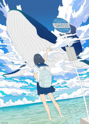 Rule 34 | 1girl, animal, backpack, bag, black hair, blue sailor collar, blue skirt, blue sky, cloud, cloudy sky, commentary request, day, facing away, flying whale, from behind, highres, horizon, medium hair, ocean, original, outstretched arm, pleated skirt, road sign, sailor collar, scenery, school uniform, serafuku, seraphitalg, shirt, sign, skirt, sky, soaking feet, solo, standing, translation request, wading, water, whale, white shirt