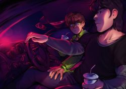 Rule 34 | 2boys, ben 10, ben 10: alien force, ben tennyson, black hair, black pants, brown hair, car, closed mouth, cup, desikeera, disposable cup, drinking straw, driving, green eyes, groping, hand on another&#039;s leg, highres, holding, holding cup, kevin levin, layered sleeves, long sleeves, looking at another, male focus, motor vehicle, multiple boys, omnitrix, pants, short hair, short over long sleeves, short sleeves, yaoi