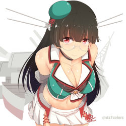 Rule 34 | 10s, 1girl, arms behind back, bare shoulders, black hair, breasts, cannon, choker, choukai (kancolle), choukai kai ni (kancolle), cleavage, collarbone, glasses, hair ornament, hat, headgear, kantai collection, large breasts, leaning forward, long hair, looking at viewer, machinery, midriff, navel, one-hour drawing challenge, pleated skirt, red eyes, school uniform, semi-rimless eyewear, serafuku, skirt, sleeveless, smile, solo, sts, sweat, twitter username, under-rim eyewear
