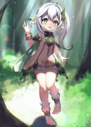 Rule 34 | 1girl, absurdres, arm up, bare legs, blurry, blurry background, braid, cape, child, cross-shaped pupils, dot nose, dress, forest, full body, genshin impact, gold bracelet, gold trim, green cape, green dress, green eyes, grey hair, hair between eyes, hair ornament, highres, leaf hair ornament, lens flare, light blush, light particles, light rays, long hair, looking at viewer, mattsi hbkk, multicolored hair, nahida (genshin impact), nature, open mouth, outdoors, pointy ears, shadow, side braid, side ponytail, sidelocks, smile, standing, standing on one leg, streaked hair, sunbeam, sunlight, symbol-shaped pupils, toeless footwear, two-tone dress, waving, white dress, white footwear