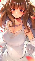 Rule 34 | 1girl, blunt bangs, blush, braid, breasts, brown hair, cleavage, covered navel, dress, elbow gloves, eyebrows, gloves, highres, idolmaster, idolmaster cinderella girls, jewelry, kamiya nao, large breasts, long hair, looking at viewer, morimiya masayuki, necklace, open mouth, petals, red eyes, simple background, sleeveless, solo, thick eyebrows, upper body, wedding dress, white background, white dress, white gloves