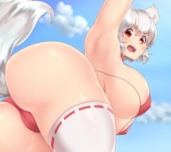 Rule 34 | 1girl, absurdres, animal ears, armpits, ass, bikini, cameltoe, collar, from below, highres, inubashiri momiji, red bikini, red eyes, shiny skin, short hair, solo, swimsuit, tail, thick thighs, thighhighs, thighs, tochinoko, touhou, wavy mouth, white hair, white thighhighs, wolf ears, wolf tail