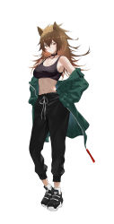 Rule 34 | 1girl, absurdres, alternate costume, animal ears, arknights, black choker, black pants, black sports bra, breasts, brown eyes, brown hair, casual, choker, cleavage, closed mouth, drawstring, expressionless, full body, green jacket, hair between eyes, hands on own hips, highres, jacket, large breasts, lion ears, lion girl, long hair, looking at viewer, midriff, navel, off shoulder, pants, pat bharasarn, shoes, siege (arknights), sneakers, socks, solo, sports bra, stomach, tachi-e, track pants