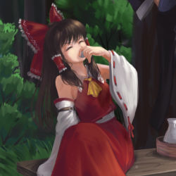 Rule 34 | 1girl, ascot, bottle, bow, breasts, brown hair, bush, choko (cup), closed eyes, collared shirt, commentary, cup, detached sleeves, drinking, feet out of frame, firewink, frilled bow, frilled hair tubes, frilled shirt collar, frills, hair bow, hair tubes, hakurei reimu, long hair, looking to the side, medium breasts, open mouth, red bow, red shirt, red skirt, ribbon-trimmed sleeves, ribbon trim, russian commentary, sake bottle, shirt, sidelocks, sitting, skirt, skirt set, sleeveless, sleeveless shirt, solo, touhou, tree, white sleeves, wide sleeves, yellow ascot