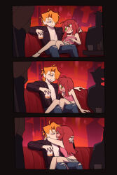Rule 34 | 1boy, 1girl, 3koma, blonde hair, blush, comic, couch, cwew33, degrees of lewdity, denim, drunk, green eyes, hetero, jeans, pants, player character (degrees of lewdity), sitting, sitting on lap, sitting on person, torn clothes, torn jeans, torn pants, whitney (degrees of lewdity)