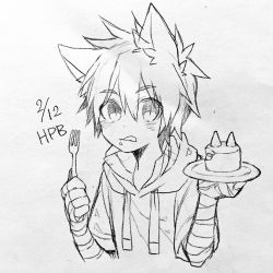 Rule 34 | 1boy, animal ears, bad id, bad twitter id, bandaged arm, bandages, birthday cake, cake, dated, drawstring, food, food on face, fork, greyscale, highres, holding, holding fork, hood, hoodie, lineart, male focus, monochrome, original, plate, slit pupils, solo, touyama (t3yama2), wolf ears