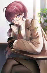 Rule 34 | 1girl, absurdres, ahoge, alternate costume, bespectacled, black-framed eyewear, black gloves, black pantyhose, blurry, blurry background, blush, breasts, brown coat, brown skirt, casual, coat, coffee cup, commentary, cup, disposable cup, dolla (nikke), ear piercing, earpiece, feet out of frame, glasses, gloves, goddess of victory: nikke, hand on own cheek, hand on own face, head rest, highres, holding, holding cup, indoors, long hair, looking at viewer, mika uni, miniskirt, mole, mole under eye, pantyhose, parted lips, pencil skirt, piercing, ponytail, purple eyes, purple hair, ribbed sweater, semi-rimless eyewear, sitting, skirt, sleeves past wrists, small breasts, solo, sweater, table, turtleneck, turtleneck sweater, white sweater
