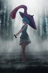 Rule 34 | 1girl, blue eyes, blue hair, blue skirt, blue vest, blurry, blurry background, closed mouth, commentary, forest, full body, heterochromia, highres, holding, holding umbrella, i-coat, looking at viewer, nature, outdoors, purple umbrella, rain, red eyes, shirt, short hair, short sleeves, skirt, solo, standing, tatara kogasa, touhou, umbrella, vest, white shirt