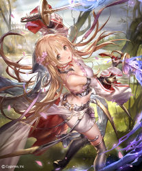 Rule 34 | 1girl, arms up, blonde hair, brown eyes, choker, detached sleeves, dionne dancing blade, floating hair, flower, frilled choker, frills, hair flower, hair ornament, holding, holding sword, holding weapon, liiko, long hair, looking at viewer, official art, open mouth, shadowverse, skirt, solo, sword, weapon