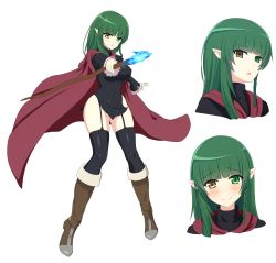 Rule 34 | 1girl, black thighhighs, blush, boots, braid, brown eyes, brown footwear, cape, capelet, character sheet, full body, garter straps, green eyes, green hair, heterochromia, long hair, looking at viewer, navel, nekopanch0852, pointy ears, red cape, simple background, staff, standing, thighhighs, thighs