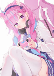 Rule 34 | 1girl, absurdres, ahoge, anchor hair ornament, anchor symbol, animal ear fluff, animal ears, blue bow, blue hair, blue hairband, blue nails, blue ribbon, blue skirt, blush, bow, braid, breasts, cat ears, cat girl, cat tail, chair, colored inner hair, controller, extra ears, feet out of frame, frilled sailor collar, frills, game controller, gaming chair, hair ornament, hairband, head tilt, headphones, headphones around neck, high-waist skirt, highres, holding, holding controller, holding game controller, hololive, jacket, kamimori kuuraku, knees up, long hair, long sleeves, looking at viewer, medium breasts, minato aqua, minato aqua (sailor), multicolored hair, nail polish, open clothes, open jacket, parted lips, pink hair, pink tail, playing games, pleated skirt, puffy long sleeves, puffy sleeves, purple eyes, ribbon, sailor collar, school uniform, serafuku, sidelocks, sitting, skirt, sleeves past wrists, solo, streaked hair, swivel chair, tail, tail ornament, thighhighs, thighs, twintails, two-tone hair, virtual youtuber, white jacket, white thighhighs, zettai ryouiki