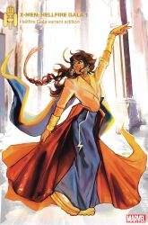 Rule 34 | 1girl, absurdres, blue cape, blue pants, boots, bracer, brown eyes, brown hair, cape, comic cover, commentary, copyright name, cover, cover page, dancing, domino mask, dress, earrings, english commentary, flat chest, floating hair, highres, indoors, jewelry, kamala khan, lightning bolt symbol, logo, long hair, marvel, mashal ahmed, mask, ms. marvel, official art, pants, parted lips, red dress, shirt, smile, solo, white footwear, white shirt, x-men
