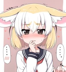 Rule 34 | ..., 1girl, alternate costume, animal ear fluff, animal ears, black hair, blonde hair, blush, brown eyes, collarbone, commentary request, contemporary, ears down, extra ears, fennec (kemono friends), fox ears, hair between eyes, hand to own mouth, heart, holding hands, interlocked fingers, kemono friends, long sleeves, multicolored hair, neckerchief, nose blush, pink background, portrait, ransusan, red neckerchief, sailor collar, school uniform, serafuku, short hair, simple background, solo, solo focus, speech bubble, spoken blush, spoken ellipsis, sweatdrop, sweater, translation request, trembling, white hair, white sweater