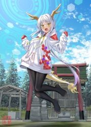 Rule 34 | 1girl, :d, black pantyhose, blue sky, breasts, chinese zodiac, clothing cutout, cloud, commentary request, day, dragon girl, dragon horns, dragon tail, drawstring, grey hair, gurande (g-size), hair between eyes, hands up, highres, hood, hood down, hoodie, horns, jumping, long hair, medium breasts, midair, no shoes, open mouth, original, outdoors, pantyhose, pinching sleeves, shoulder cutout, sky, smile, solo, tail, torii, very long hair, white hoodie, year of the dragon, yellow eyes