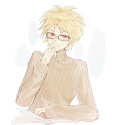 Rule 34 | 1boy, adjusting eyewear, atou haruki, blonde hair, book, brown sweater, chinese commentary, closed mouth, commentary request, film grain, gan (liquorice666), glasses, highres, long sleeves, male focus, no jacket, open book, rectangular eyewear, red eyes, ribbed sweater, saibou shinkyoku, short hair, smile, solo, sweater, turtleneck, turtleneck sweater