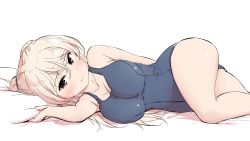 Rule 34 | 1girl, :t, alternate costume, arm behind back, bare legs, blue one-piece swimsuit, blush, breasts, brown eyes, cleavage, conte di cavour (kancolle), grey hair, hair ribbon, highres, kantai collection, large breasts, long hair, lying, on bed, on side, one-piece swimsuit, ribbon, school swimsuit, solo, swimsuit, two side up, wamu (chartreuse)