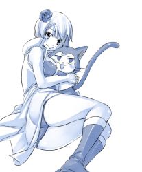 Rule 34 | 1girl, blue eyes, blue flower, boots, breasts, cat, fairy tail, flower, hair flower, hair ornament, knee boots, lector (fairy tail), looking at viewer, mashima hiro, medium breasts, monochrome, shiny skin, short hair, short shorts, shorts, sideboob, silver hair, simple background, sleeveless, smile, white background, yukino aguria