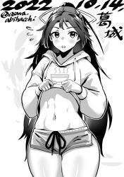 Rule 34 | 1girl, alternate costume, asava (hutaitenn), clothes lift, commentary request, cowboy shot, dated, greyscale, hair ribbon, highres, hood, hooded sweater, hoodie, kantai collection, katsuragi (kancolle), long hair, monochrome, navel, one-hour drawing challenge, ponytail, ribbon, short shorts, shorts, solo, standing, sweater, sweater lift, thighs, twitter username