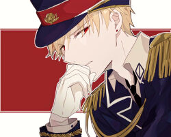Rule 34 | 1boy, blonde hair, collar, collared shirt, earrings, fate/grand order, fate (series), gilgamesh (fate), gloves, hand on own face, hat, hat ornament, highres, jewelry, long sleeves, male focus, necktie, open mouth, red eyes, shirt, short hair, shu (oshigoto boshuuchuu), simple background, single earring, solo, stud earrings, white gloves