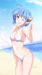 Rule 34 | 1girl, :d, ahoge, beach, bikini, blue eyes, blue hair, blush, breasts, cloud, cowboy shot, crescent, crescent hair ornament, crescent moon, day, elf, hair ornament, happy, looking at viewer, matching hair/eyes, moon, navel, one eye closed, open mouth, outdoors, pointy ears, rena lanford, sand, shiny skin, shizufa, short hair, sky, smile, solo, standing, star ocean, star ocean the second story, swimsuit, thighs, water, white bikini, wink