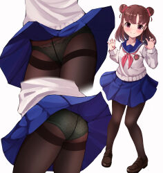 Rule 34 | 1girl, absurdres, ass, black footwear, black pantyhose, blue sailor collar, blue skirt, blush, bow, bow panties, brown hair, claw pose, closed mouth, clothes lift, commentary request, commission, crotch seam, double bun, emblem, grey sweater, hair bun, hair ribbon, highres, idolmaster, idolmaster cinderella girls, kotani (dainanumi), loafers, long sleeves, looking at viewer, medium hair, miniskirt, multiple views, munakata atsumi, neckerchief, panties, pantyhose, pantyshot, partial commentary, pleated skirt, polka dot, polka dot panties, purple eyes, red neckerchief, red ribbon, ribbon, sailor collar, school uniform, serafuku, shoes, simple background, skeb commission, skirt, skirt lift, smile, standing, sweater, thighband pantyhose, underwear, v-neck, variant set, white background, wind, wind lift
