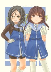 Rule 34 | 2girls, absurdres, arm warmers, bike shorts, black hair, black shorts, blue dress, braid, brown eyes, diagonal-striped clothes, diagonal-striped necktie, dress, feet out of frame, gloves, grey sailor collar, highres, inagi (kancolle), kantai collection, loose hair strand, low twintails, mittens, multiple girls, necktie, pot-de, ribbon, sailor collar, short hair, short hair with long locks, shorts, shorts under dress, side braids, single arm warmer, socks, striped clothes, striped necktie, thighhighs, twintails, ukuru (kancolle), white gloves, white mittens, white socks, white thighhighs, yellow ribbon