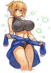 Rule 34 | 1girl, bandaged arm, bare shoulders, black panties, blonde hair, blush, breasts, clothes around waist, cropped legs, frown, green eyes, huge breasts, looking at viewer, mizuhashi parsee, navel, panties, pointy ears, ponytail, sachito, simple background, sketch, solo, sweat, thighs, touhou, underwear, white background