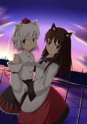Rule 34 | 2girls, absurdres, animal ears, anna sakura, bare shoulders, blush, breasts, brooch, brown hair, detached sleeves, dress, holding hands, hat, highres, imaizumi kagerou, inubashiri momiji, jewelry, light smile, long hair, looking at viewer, multiple girls, open mouth, pom pom (clothes), red eyes, ribbon-trimmed sleeves, ribbon trim, short hair, silver hair, small breasts, tokin hat, touhou, wolf ears