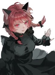 Rule 34 | 1girl, animal ear fluff, animal ears, braid, breasts, cat ears, closed mouth, dress, green dress, highres, kaenbyou rin, light smile, long sleeves, looking at viewer, medium breasts, medium hair, nanasuou, red eyes, red hair, simple background, solo, touhou, twin braids, white background