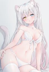 Rule 34 | 1girl, animal ear fluff, animal ears, bare arms, bare shoulders, blue eyes, bra, breasts, cat ears, cat girl, cat tail, choker, extra ears, front-tie bra, front-tie top, gradient hair, hand on own hip, heterochromia, highres, long hair, looking at viewer, medium breasts, multicolored hair, navel, one side up, original, panties, parted lips, shano hiyori, solo, stomach, strap slip, string bra, tail, tail raised, thighhighs, underwear, very long hair, white bra, white choker, white hair, white panties, white thighhighs, yellow eyes