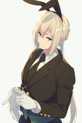 Rule 34 | 1boy, adjusting clothes, adjusting gloves, alternate costume, animal ears, bedivere (fate), black necktie, black suit, braid, buttons, commentary request, echo (circa), fate/grand order, fate (series), formal, french braid, gloves, green eyes, grey hair, hair between eyes, hair ornament, hair tubes, long hair, looking at viewer, male focus, necktie, nervous, nervous smile, ponytail, rabbit ears, shirt, simple background, smile, solo, suit, white gloves, white shirt