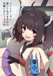 Rule 34 | 1girl, ahoge, arm support, blade, blunt bangs, blurry, blurry background, brown hair, controller, headgear, holding, holding controller, japanese clothes, kashisuover, kimono, long sleeves, looking at viewer, medium hair, nintendo switch, nintendo switch pro controller, obi, obijime, open mouth, pleated skirt, purple skirt, red eyes, sash, short kimono, short twintails, sitting, skirt, smirk, smug, solo focus, touhoku kiritan, twintails, voiceroid, wariza, white kimono, wide sleeves