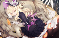 Rule 34 | 1girl, animal, black dress, black hat, blonde hair, blurry, blurry foreground, closed mouth, commentary request, depth of field, dress, elbow gloves, gloves, hat, long hair, long sleeves, looking at viewer, original, paper, shiromiso, smile, solo, very long hair, white gloves, wolf, yellow eyes