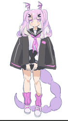 Rule 34 | 1girl, arknights, black jacket, black sailor collar, black skirt, blouse, closed mouth, full body, hair ornament, hairclip, head wings, highres, jacket, light smile, long hair, long sleeves, looking at viewer, loose socks, manticore (arknights), neckerchief, open clothes, open jacket, pink eyes, pink footwear, pink hair, pink legwear, pink neckerchief, pink wings, pleated skirt, puffy long sleeves, puffy sleeves, red medicine, ribbed legwear, sailor collar, school uniform, scorpion tail, serafuku, shirt, shoes, simple background, skirt, sleeves past wrists, socks, solo, standing, tail, twintails, white background, white shirt, wings