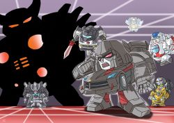 Rule 34 | 6+boys, april fools, autobot, blue eyes, bumblebee, chibi, commentary request, decepticon, full body, grimlock, headgear, highres, holding, holding sword, holding weapon, insignia, jetfire, lockdown (transformers), male focus, megatron, multiple boys, nemesis prime, no humans, open mouth, q-transformers, red eyes, spirit, standing, starscream, sword, transformers, unicron, weapon, yabunoki