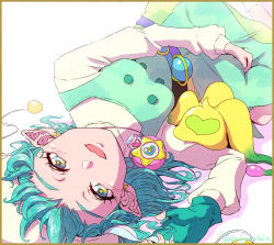 Rule 34 | 1girl, antennae, aqua eyes, aqua hair, beret, border, close-up, dededeteiu, dress, earrings, fingerless gloves, foreshortening, gloves, hagoromo lala, hat, highres, jewelry, lips, long sleeves, looking at viewer, lying, multicolored hair, on back, open mouth, pendant, pink hair, pointy ears, precure, shadow, short hair, simple background, single glove, smile, socks, star-shaped pupils, star (symbol), star color pendant, star in eye, star twinkle precure, streaked hair, symbol-shaped pupils, symbol in eye, twitter username, uma (precure), white background