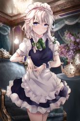 Rule 34 | 1girl, apron, blue dress, blue eyes, bow, bowtie, braid, breasts, collared shirt, commentary request, cowboy shot, dress, flower, frilled apron, frilled dress, frills, green bow, green bowtie, grey hair, highres, indoors, izayoi sakuya, maid, maid apron, maid headdress, medium hair, orchid (orukido), puffy short sleeves, puffy sleeves, shirt, short dress, short sleeves, small breasts, teapot, touhou, twin braids, waist apron, white apron, white shirt, wrist cuffs