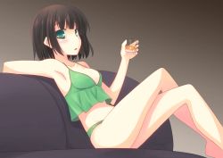 Rule 34 | 1girl, :o, alcohol, armpits, black hair, breasts, camisole, couch, cropped arms, crossed arms, cup, drink, drinking glass, green eyes, green panties, holding, holding cup, kyomachi seika, legs, looking at viewer, medium breasts, panties, short hair, sitting, solo, strap gap, sumikaze, underwear, voiceroid